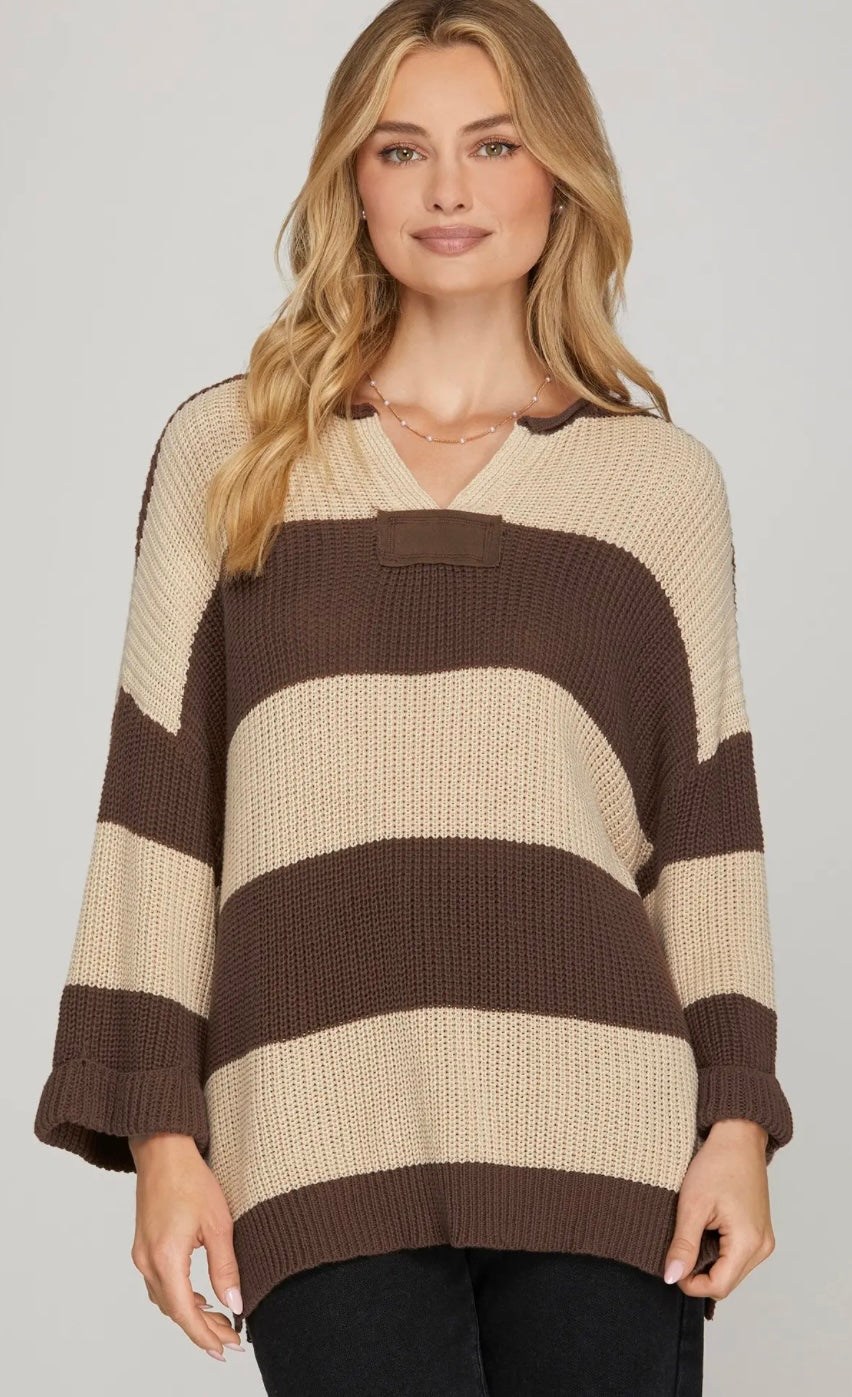 Brown V Neck Stripe Sweater Top