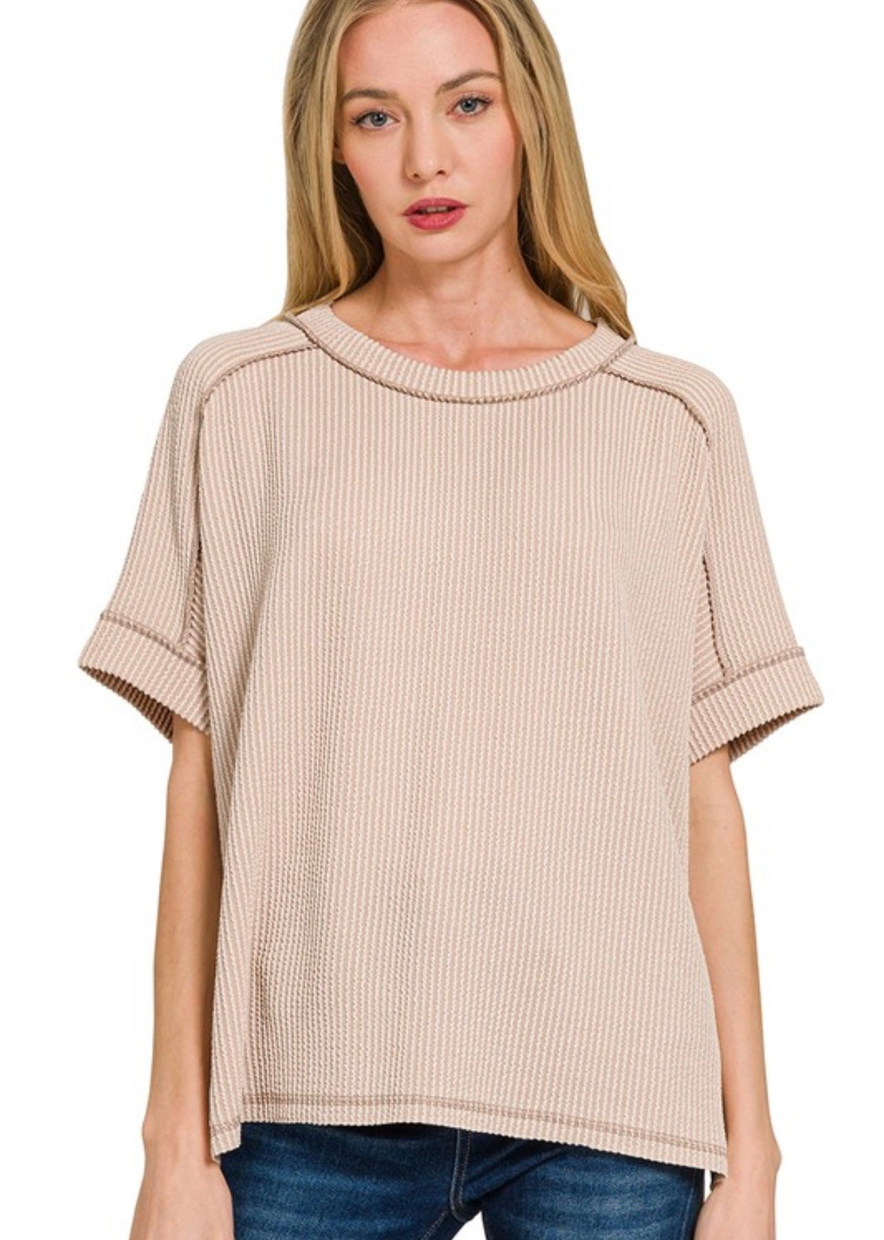 Raised Rib Cuff Sleeve Top, VARIOUS