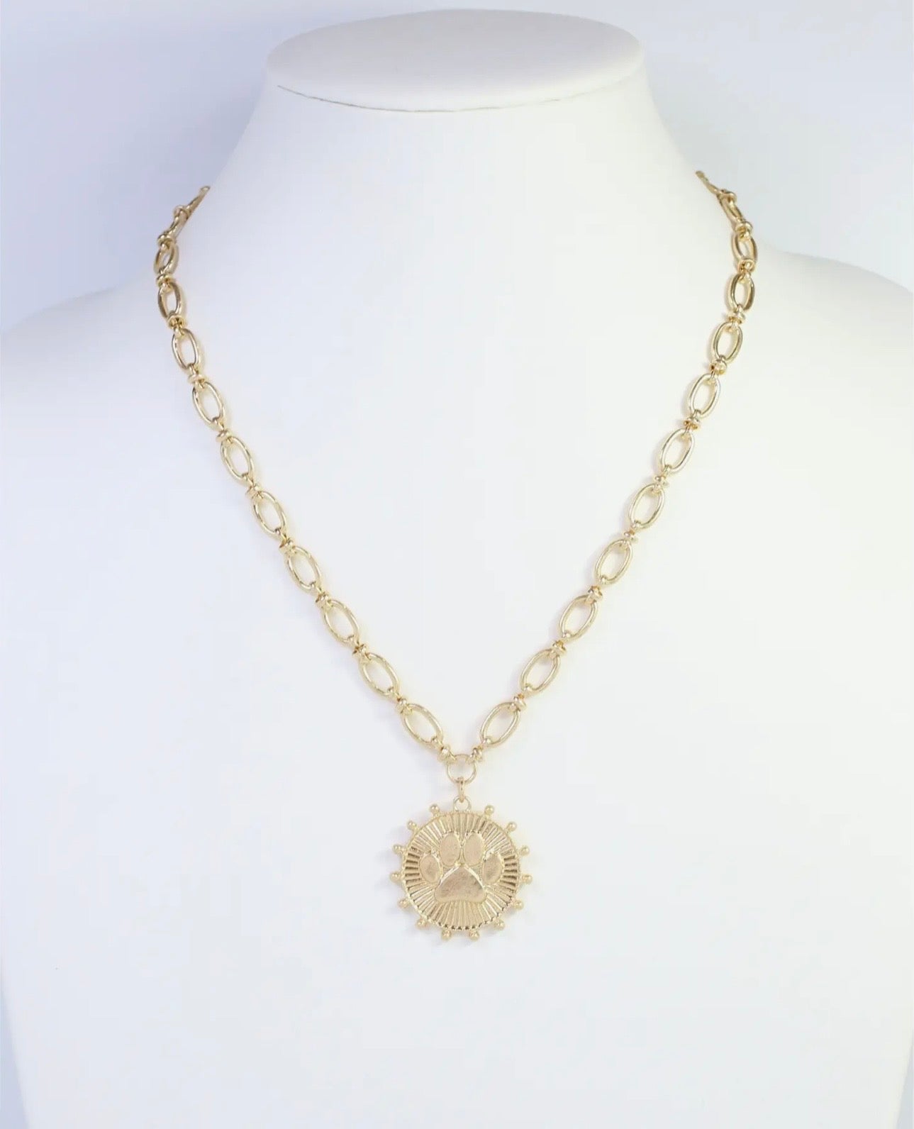 Worn Gold Paw Print Coin Necklace
