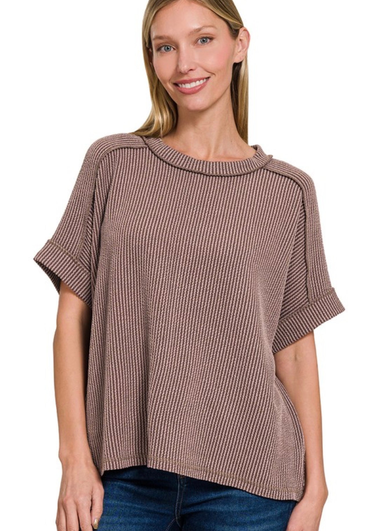 Raised Rib Cuff Sleeve Top, VARIOUS