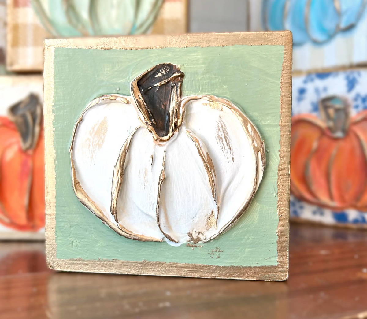 Sage & White Pumpkin Wood Block