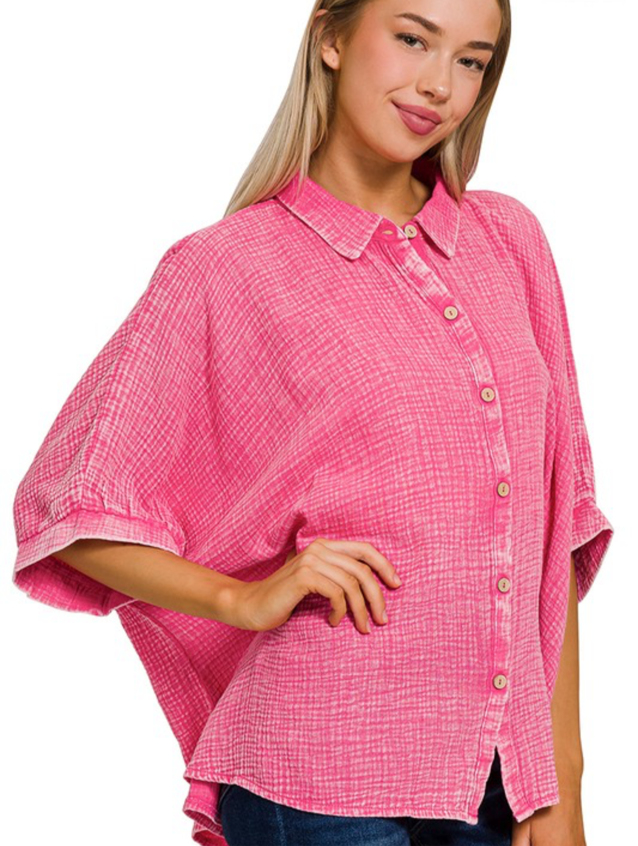 Acid Wash Gauze Button Down Top, VARIOUS