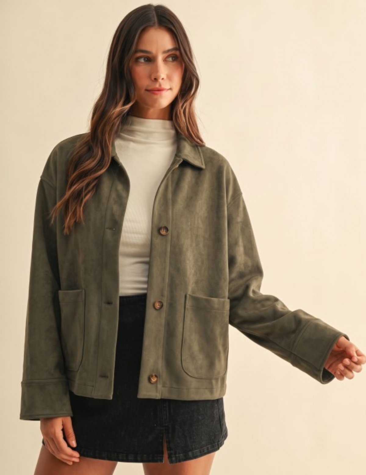 Olive Suede Button Down Jacket