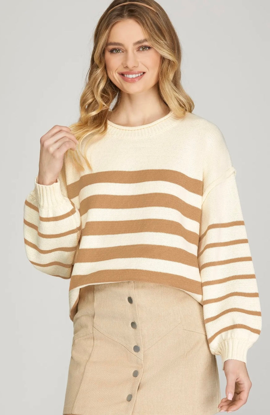 Striped Taupe White Sweater Top