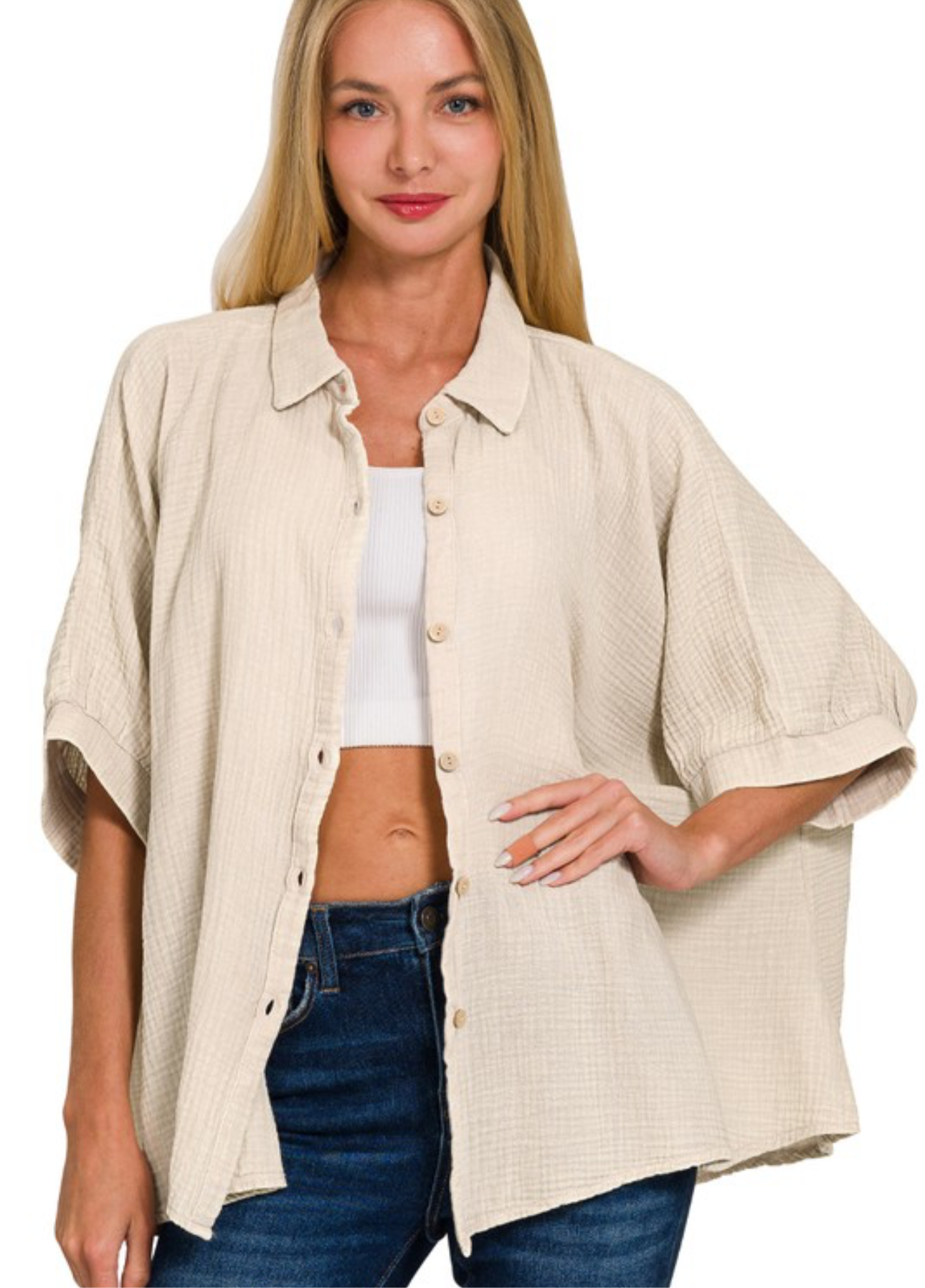 Acid Wash Gauze Button Down Top, VARIOUS
