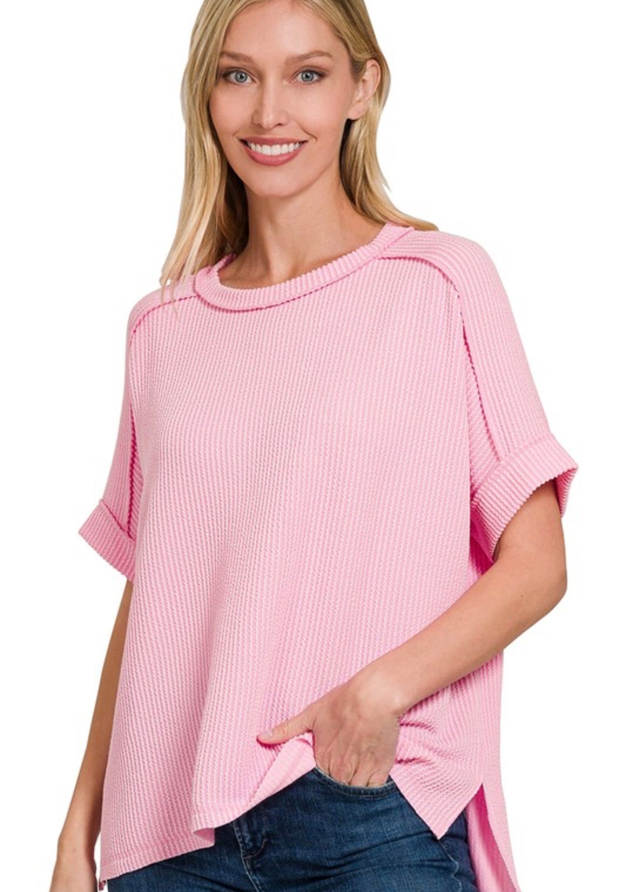 Raised Rib Cuff Sleeve Top, VARIOUS
