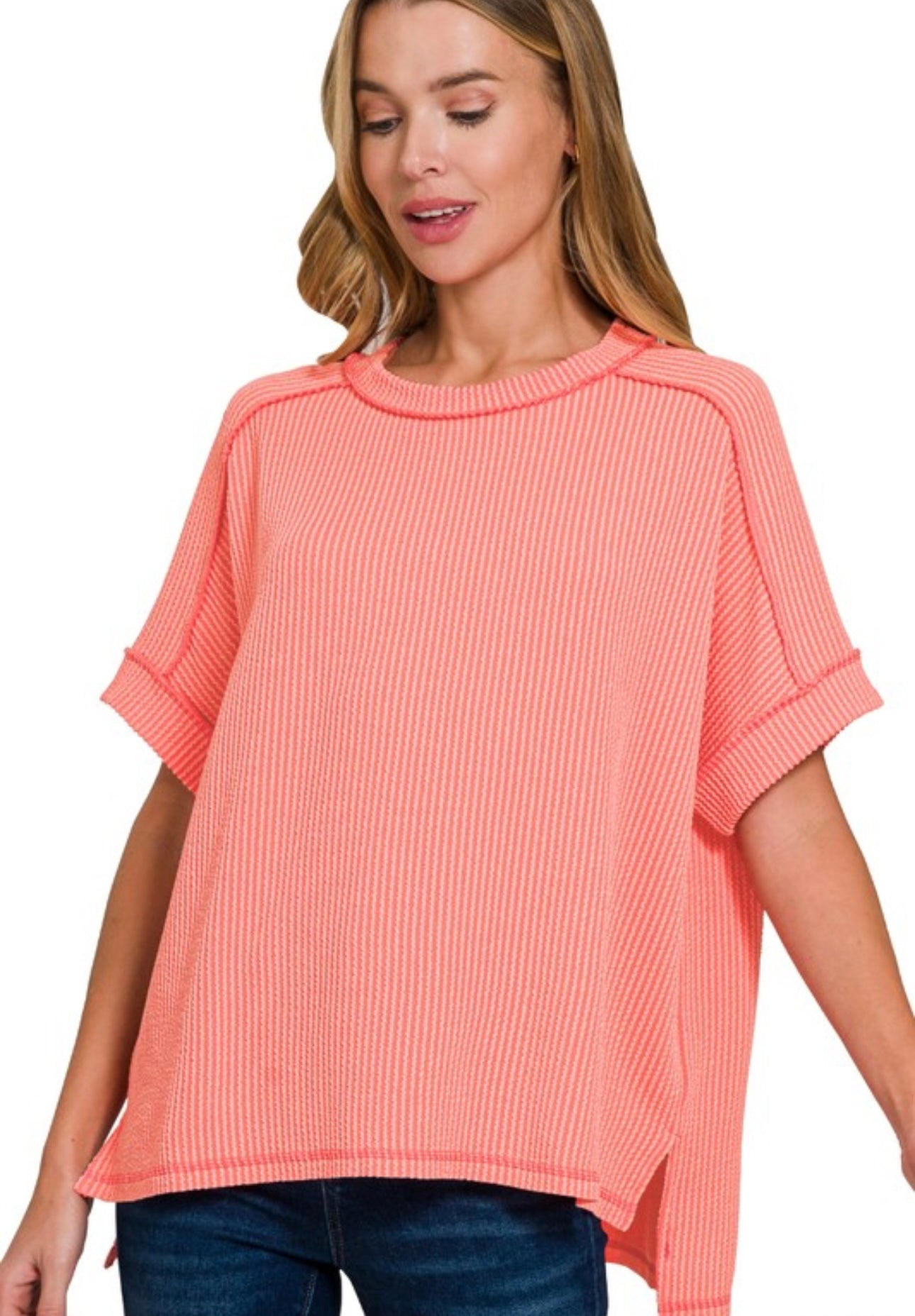 Raised Rib Cuff Sleeve Top, VARIOUS