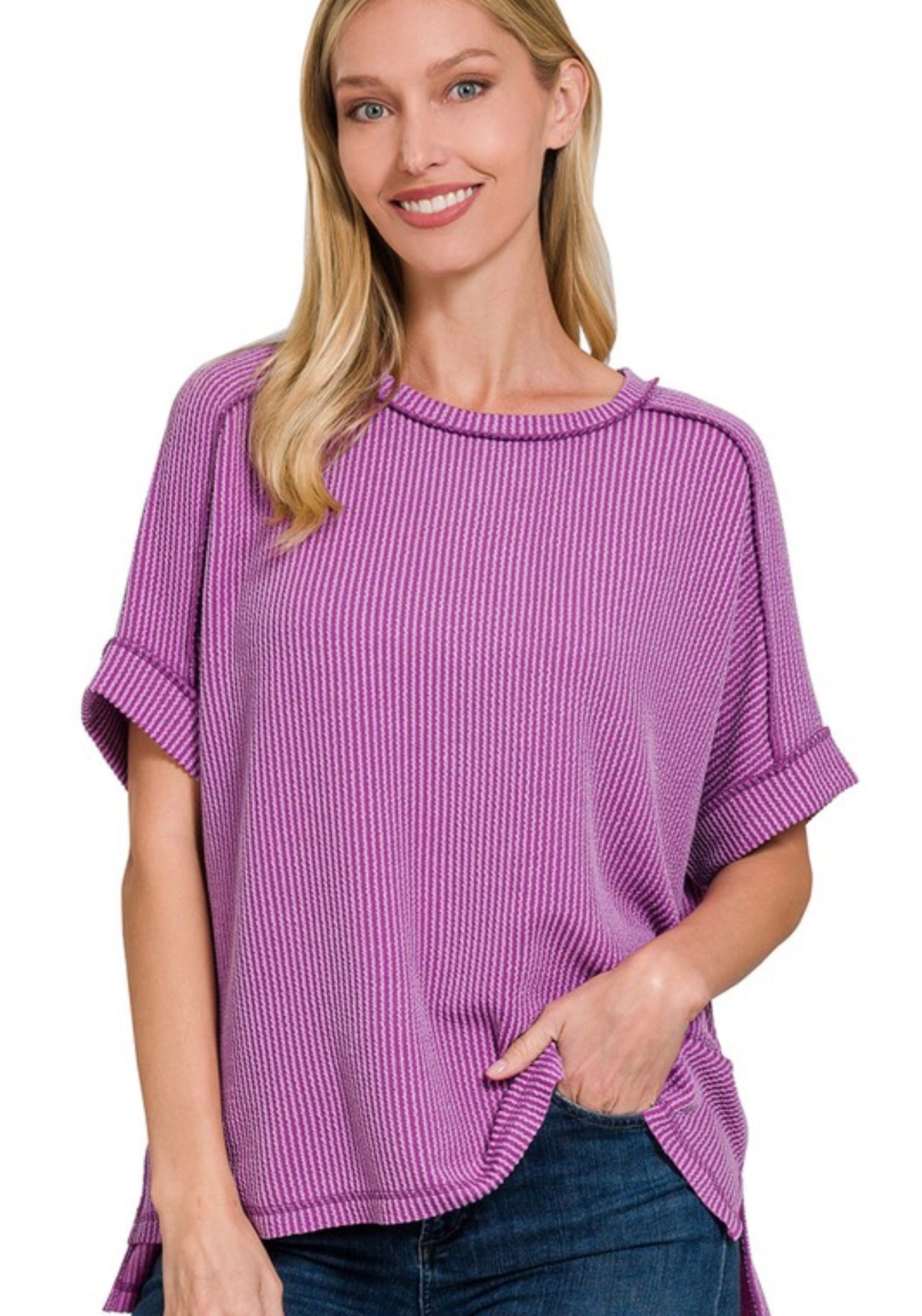 Raised Rib Cuff Sleeve Top, VARIOUS