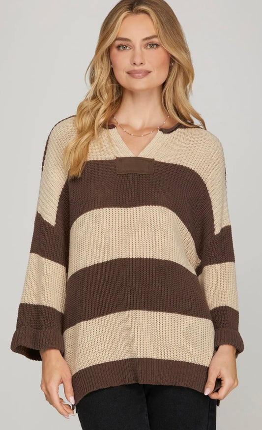 Brown V Neck Stripe Sweater Top