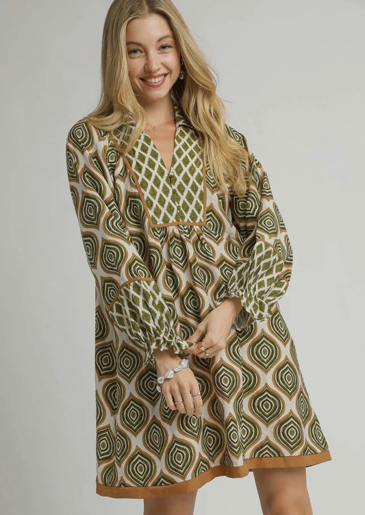 Olive Mixed Print Collared Dress