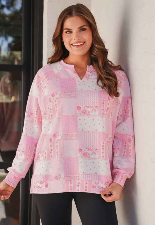 Pink Patchwork French Terry Pullover