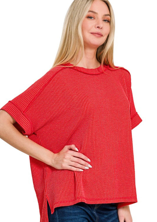 Raised Rib Cuff Sleeve Top, VARIOUS
