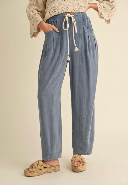 Denim Blue Linen Barrel Pants