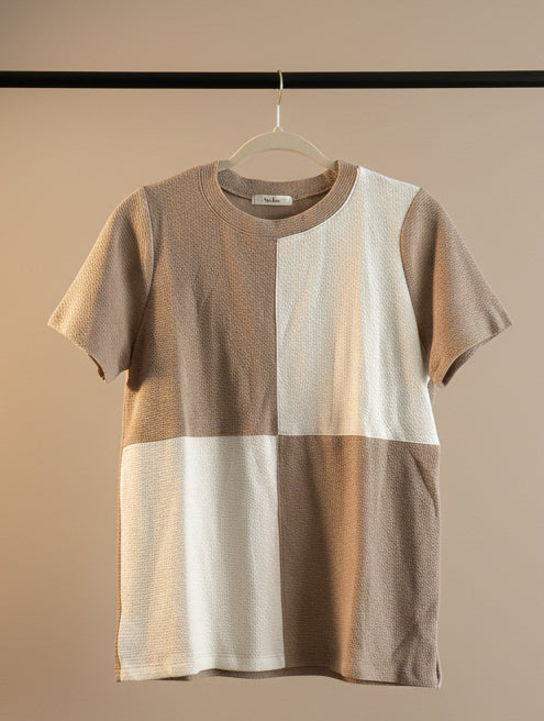 Taupe Cloudy Knit Checkered Top