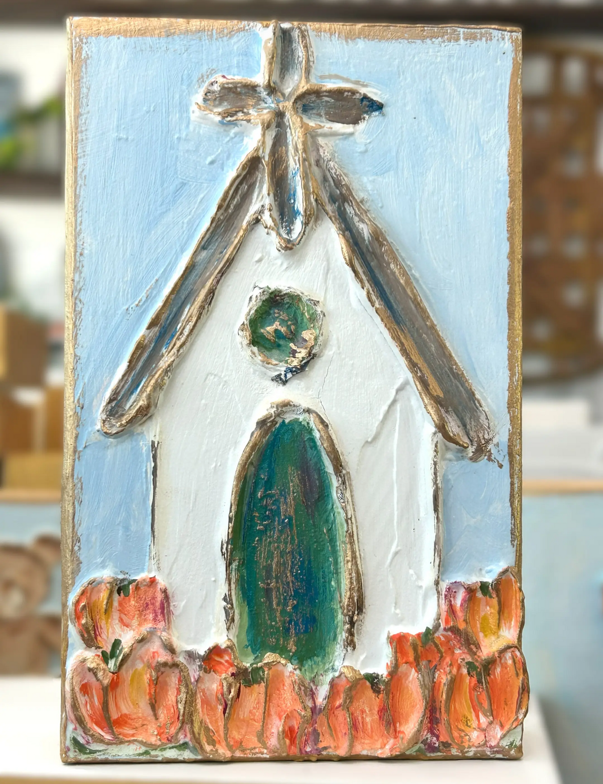 Church with Pumpkins Wood Block