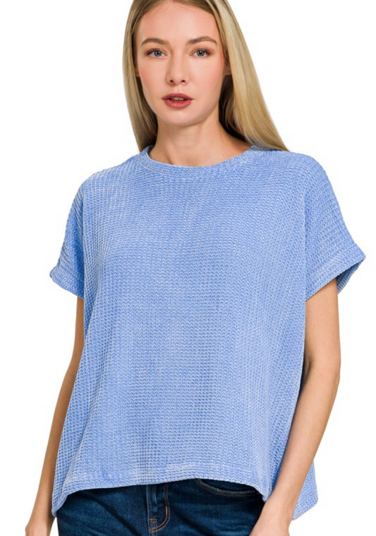 Waffle Knit Blue Cap Sleeve Sweater