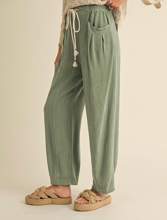 Olive Linen Barrel Pants