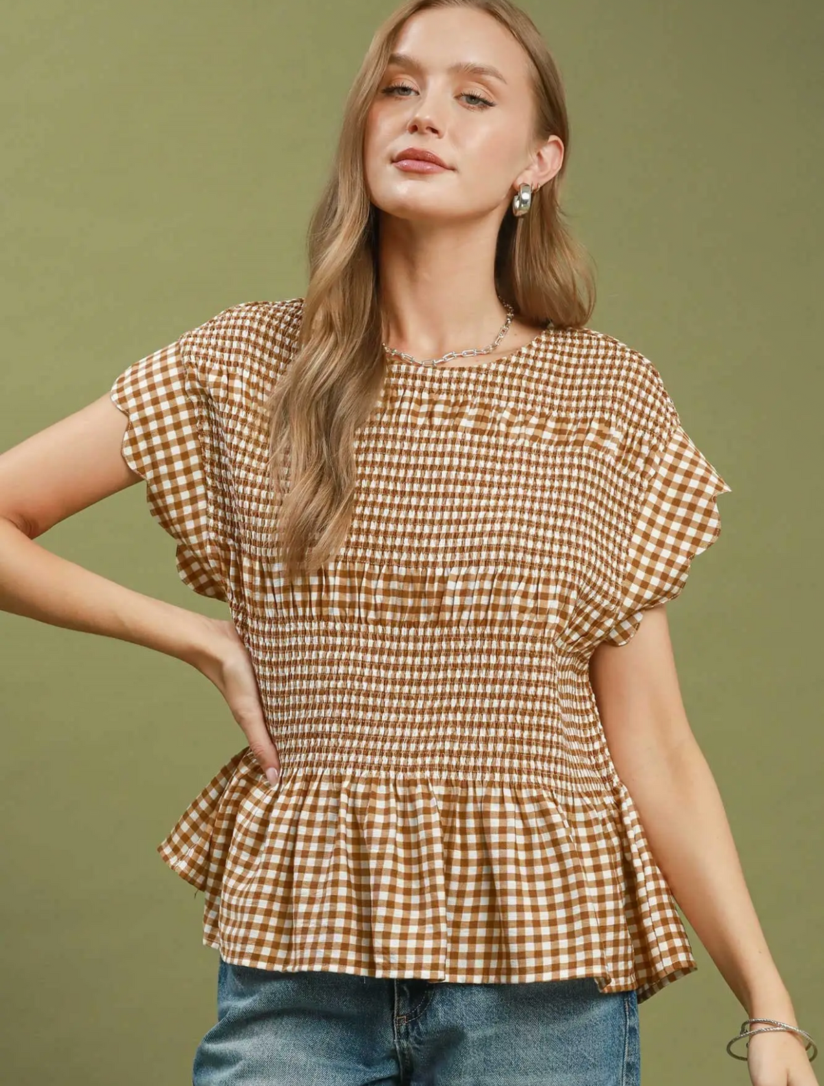 Gingham Taupe Smocked Ruffle Top