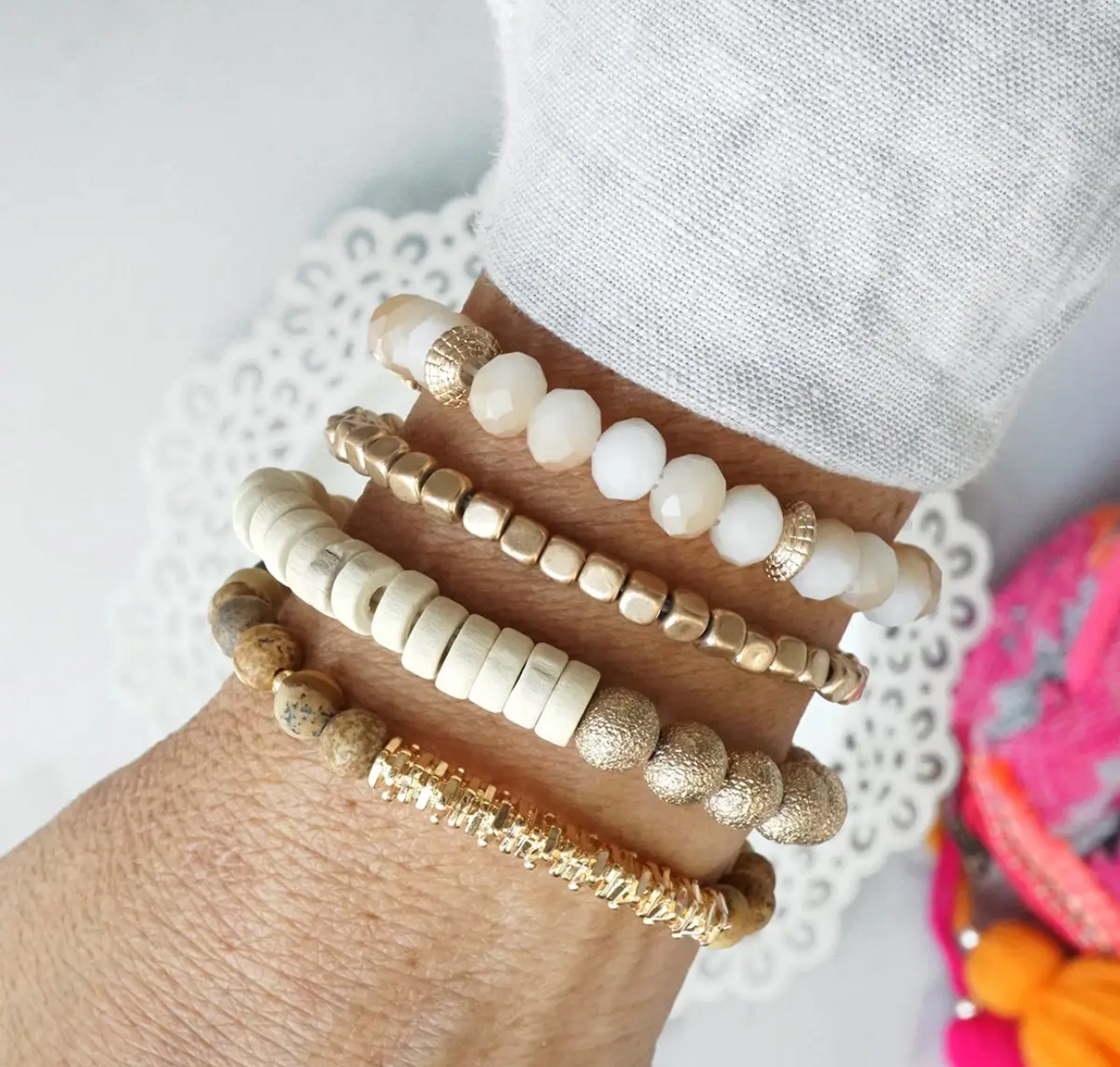 Neutral Brown Wooden Bead Bracelet Set