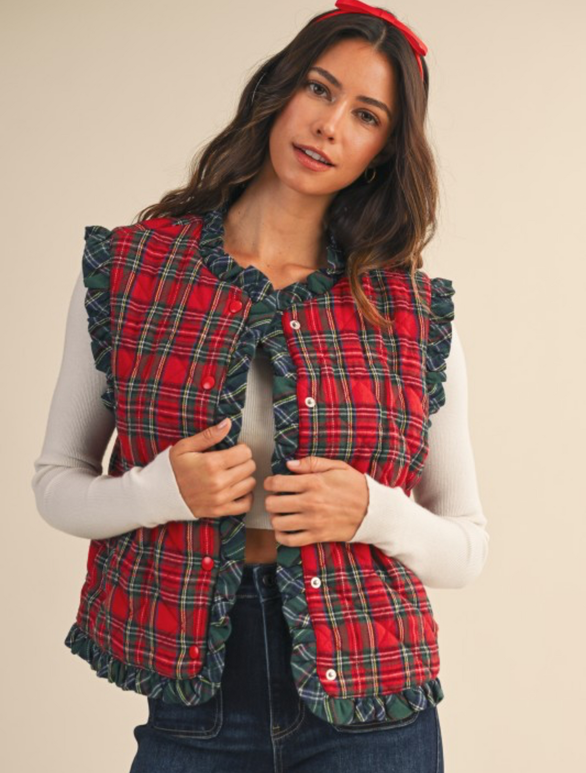 Red Quilted Ruffle Vest