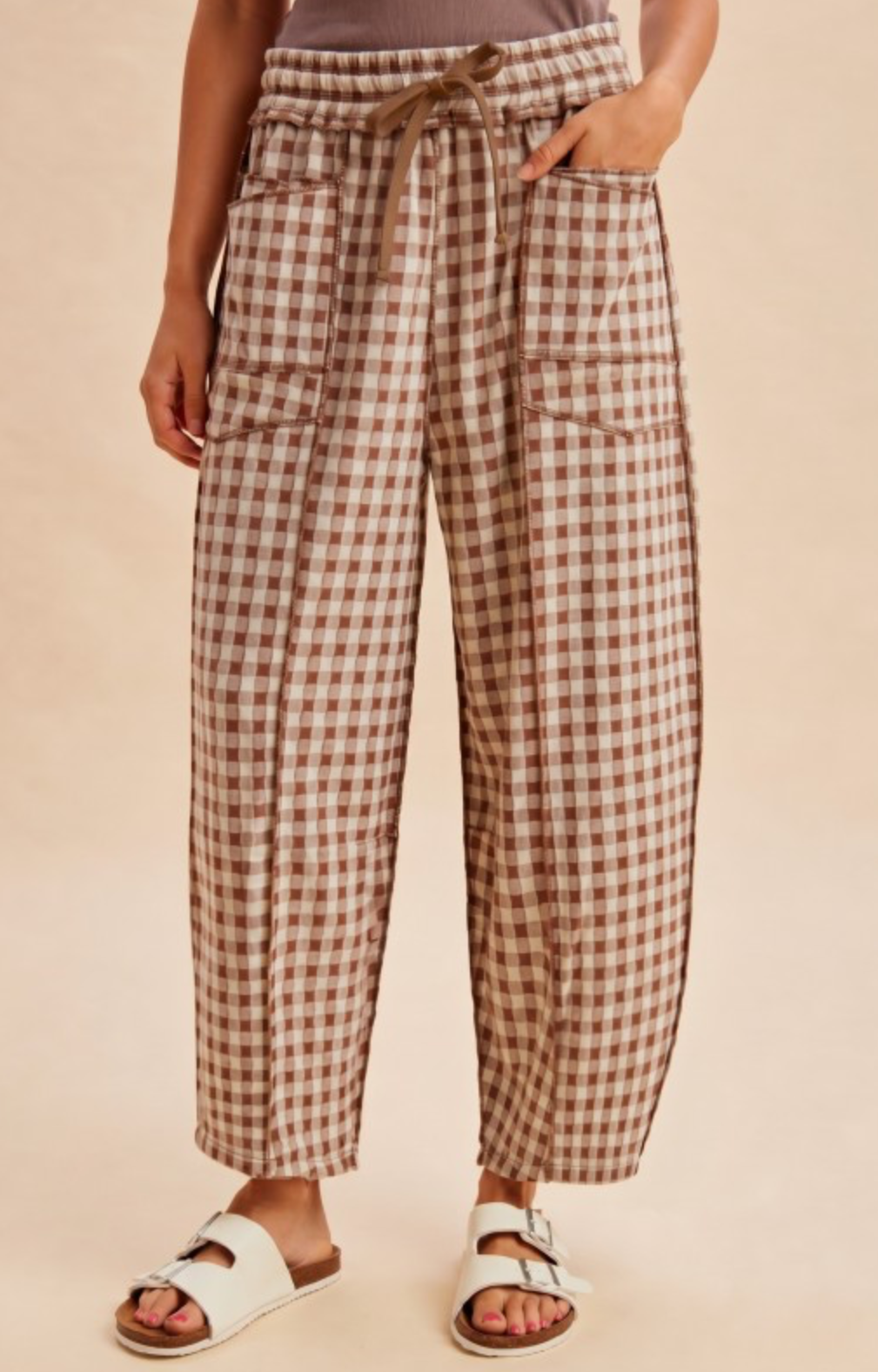 Mocha Soft Brushed Check Barrel Pants