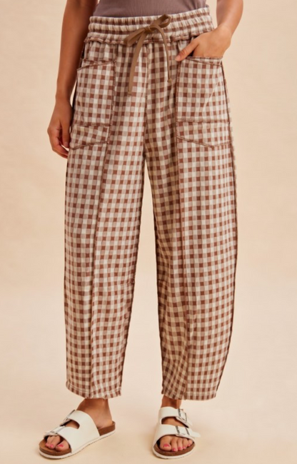 Mocha Soft Brushed Check Barrel Pants