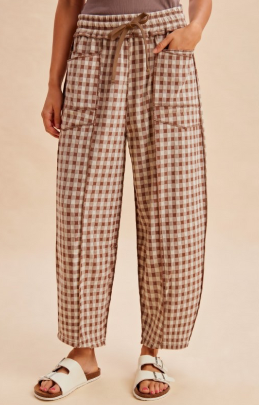 Mocha Soft Brushed Check Barrel Pants