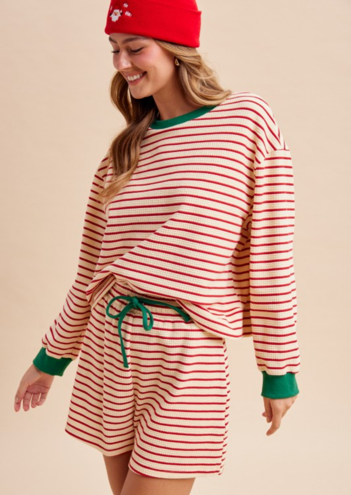 Red & Green Stripe Textured Knit Pullover Set