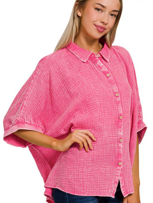 Acid Wash Gauze Button Down Top, VARIOUS