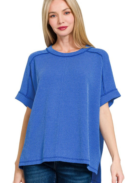 Raised Rib Cuff Sleeve Top, VARIOUS