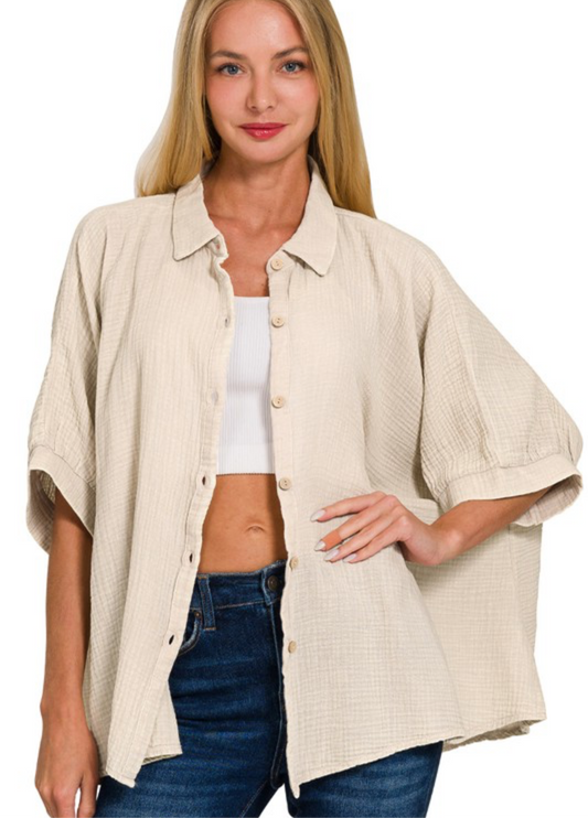 Acid Wash Gauze Button Down Top, VARIOUS