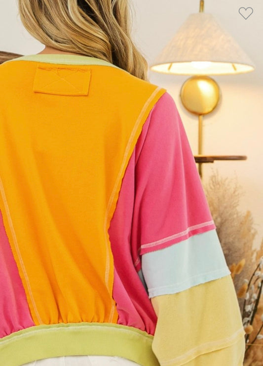 Color Block Raw Edge Pullover