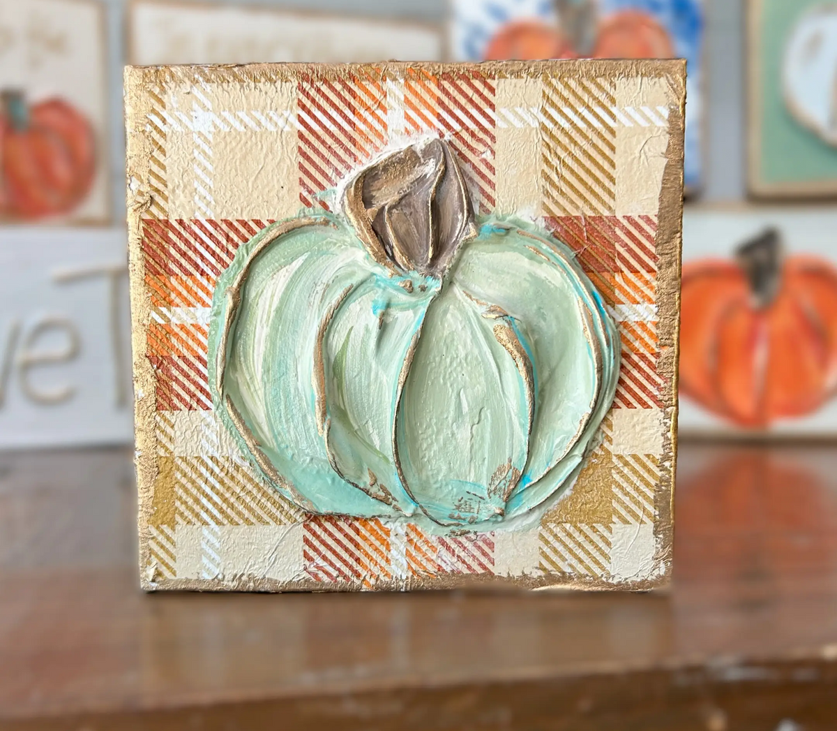Sage & Plaid Pumpkin Wood Block