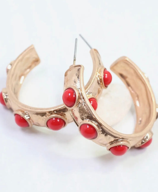 Red Stone Hoop Earrings