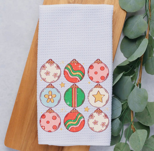 Retro Christmas Ornaments Waffle Tea Towel