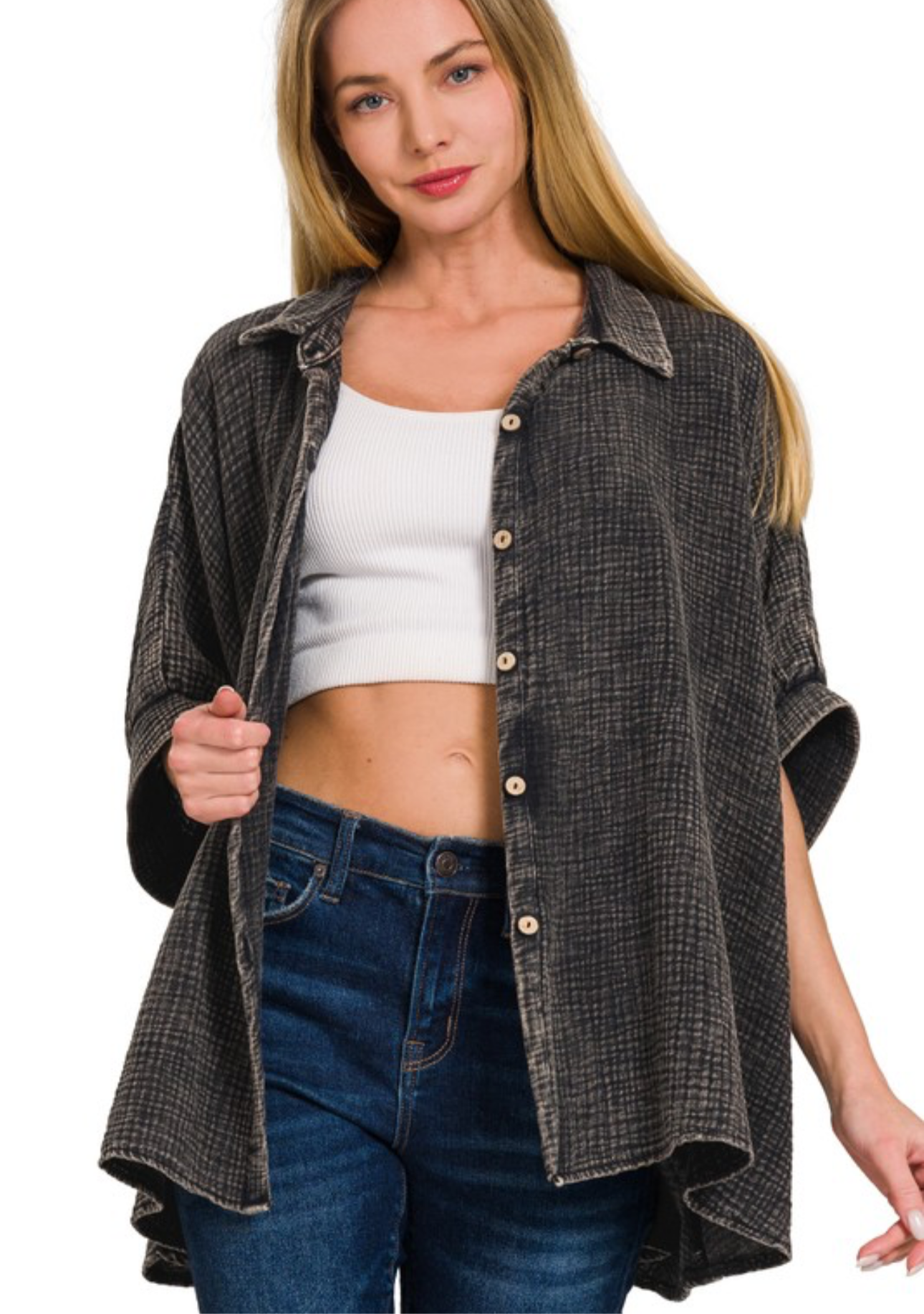 Acid Wash Gauze Button Down Top, VARIOUS