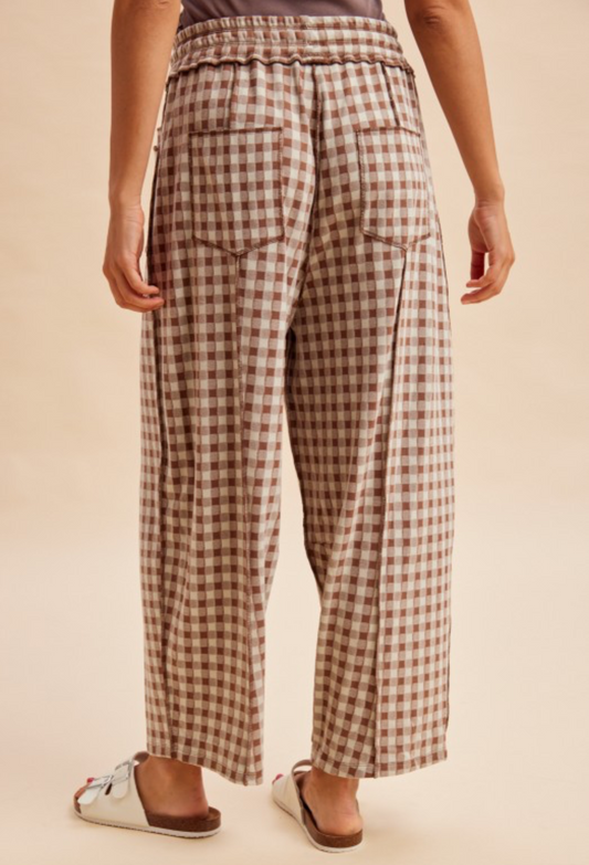 Mocha Soft Brushed Check Barrel Pants