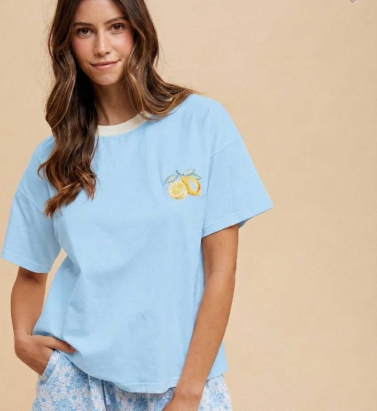 Lemon Embroidered Sky Blue Tee