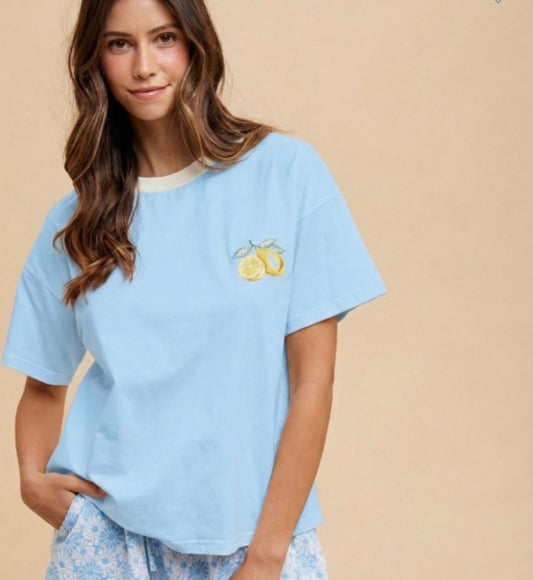 Lemon Embroidered Sky Blue Tee