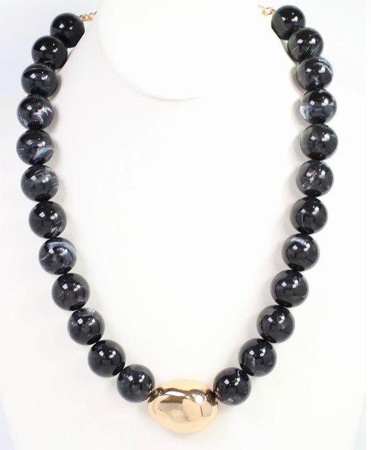 Gold Stone Black Beaded Necklace
