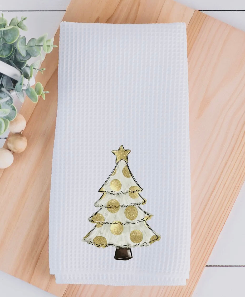 Gold Christmas Tree Waffle Tea Towel