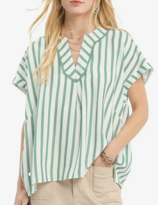Green Stripe Split Neck Top