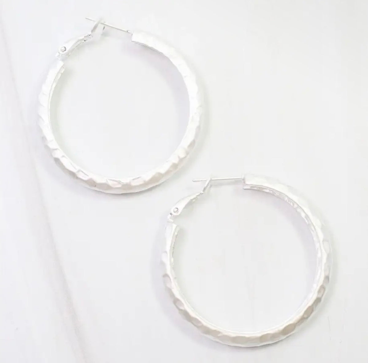 Hammered Matte Silver Hoop Earrings