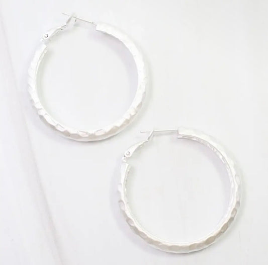 Hammered Matte Silver Hoop Earrings