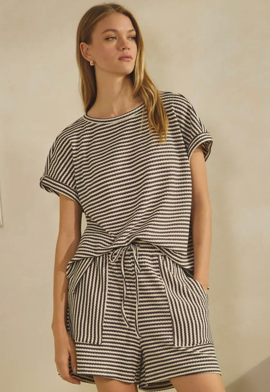 Striped French Terry Black Top & Shorts Set