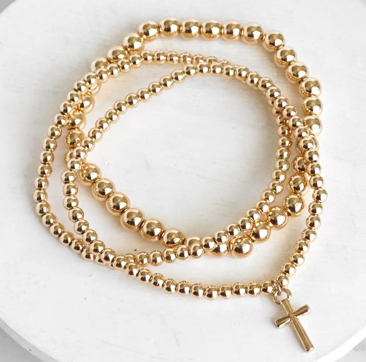 Cross Charm Gold Bead Bracelet Set