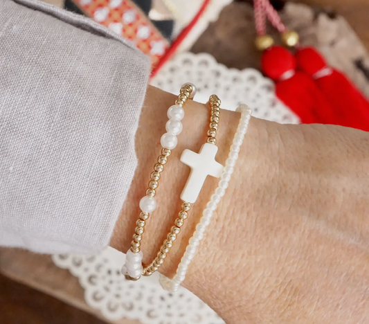 Pearl Cross Bead Bracelet Set