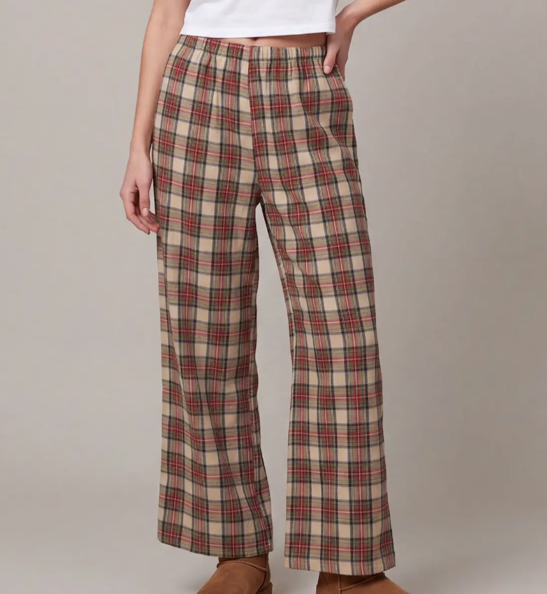 Taupe Woven Plaid Pants