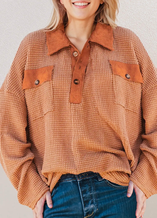 Waffle Knit Button Pocket Top