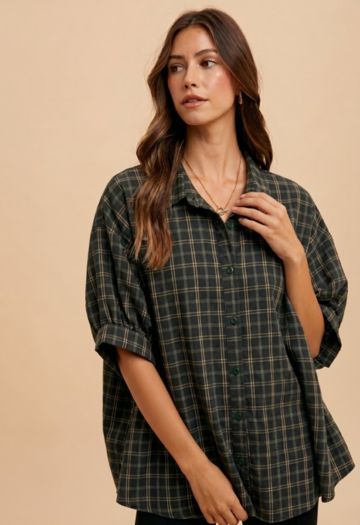 Oversized Plaid Print Button Down Top